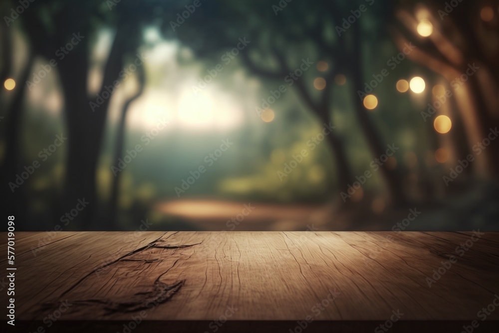 Poster a wooden table with a blurry background of trees and lights in the distance rendered in unreal 5 a 3