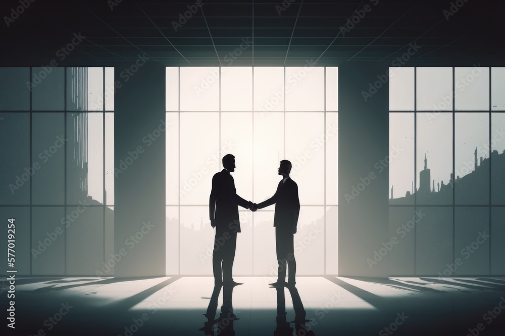 Poster two people shaking hands in front of a window with cityscape in the background stock photo a stock p