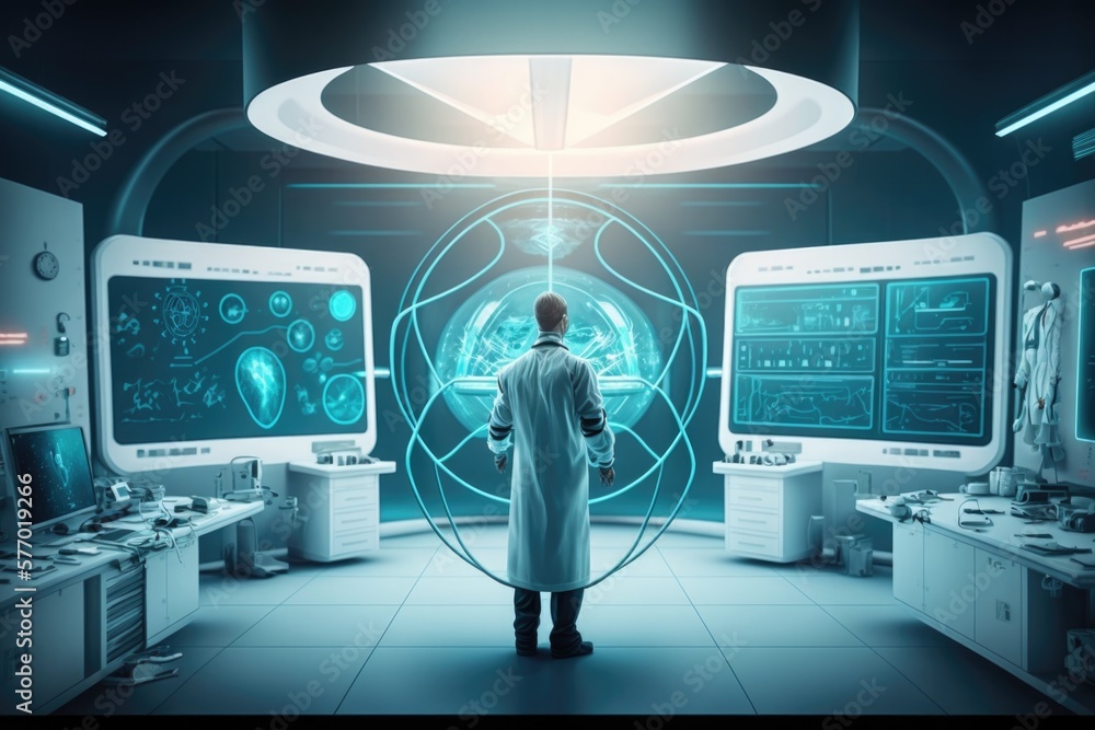 Poster a man standing in a room with multiple monitors and a large screen in the middle cybernetics compute
