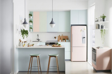 Fototapeta na wymiar Charming Pastel Color Kitchen: A Delightful and Cheerful Space. Generative AI
