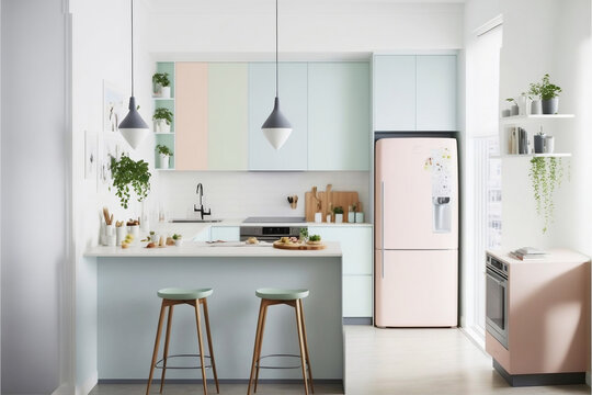 Charming Pastel Color Kitchen: A Delightful and Cheerful Space. Generative AI