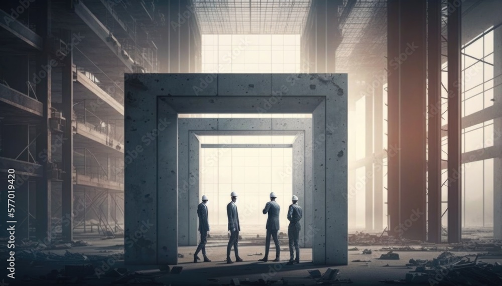 Poster Three men standing in a doorway in a building with a light coming through it and a large window cinematic matte painting a detailed matte painting modular constructivism