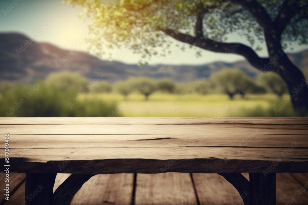 Poster a wooden table with a view of a mountain range in the background with a tree rendered in unreal 5 a 