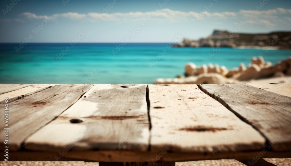 Poster a wooden table with a view of the ocean in the background with a blurry image of a beach deep depth 