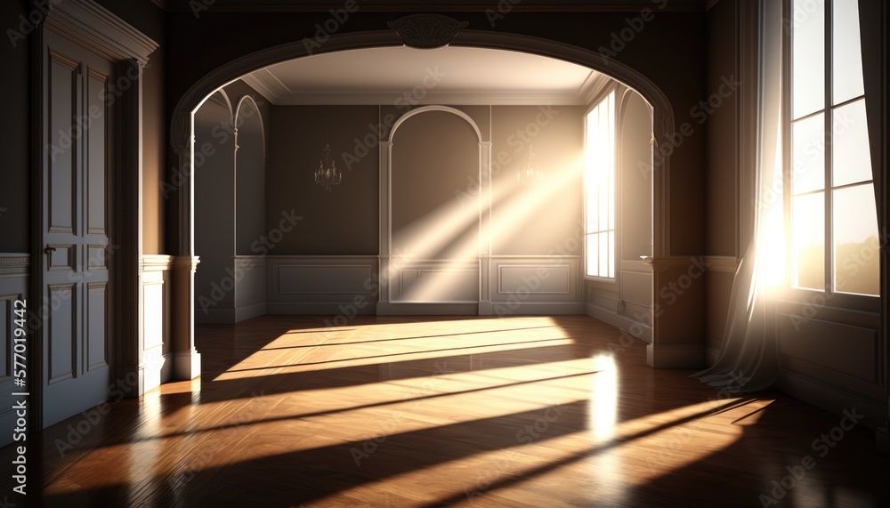 Poster a room with a doorway and a light coming through the window and onto the floor photorealistic lighti