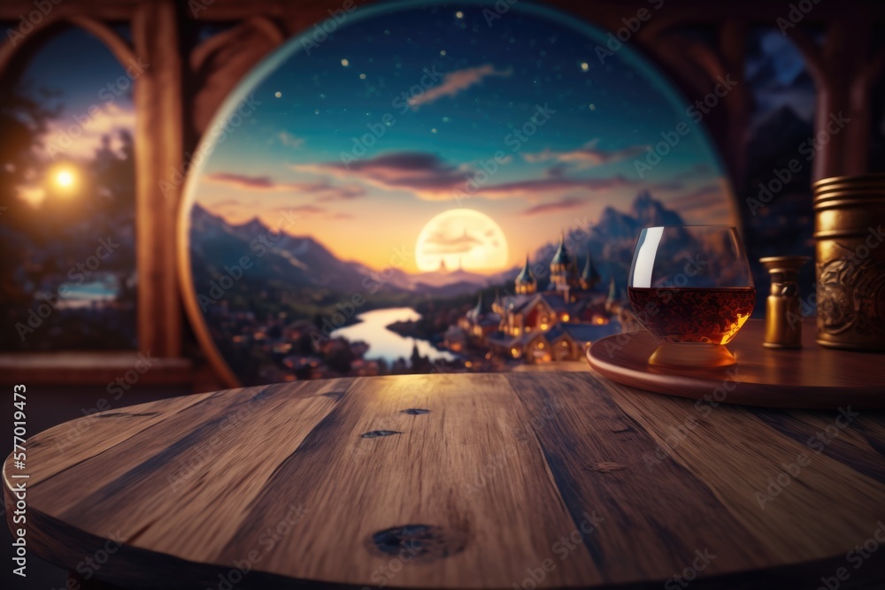 Poster a table with a glass of wine on it and a view of a mountain range unreal render a 3d render photorea
