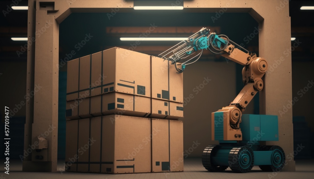 Poster a robot is moving boxes in a warehouse with a carton of boxes on the floor robots a 3d render les au
