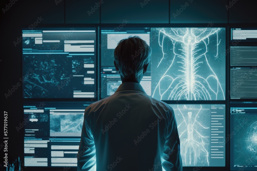 Poster a man standing in front of a wall of computer screens with a lot of screens biopunk computer graphic