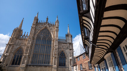 York,Yorkshire,UK, - 17_08_2019 - York Minster seen through medieval timbered buildings