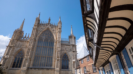 York,Yorkshire,UK, - 17_08_2019 - York Minster seen through medieval timbered buildings