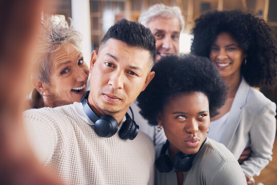 Call center, men and women in funny selfie with smile, diversity or happiness for teamwork. Asian man, old woman or black people in tech support with comic profile picture for friends on social media