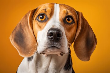 On a sunny yellow background, a portrait of a cute little beagle dog. Dogs that fit this description are a breed of miniature hounds. English tricolored beagle. Picture of a dog taken in the studio lo