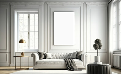 Blank white picture/art frame hanging over a sofa in a  in a light vintage living room. Mock up template for Design or product placement created using generative AI tools