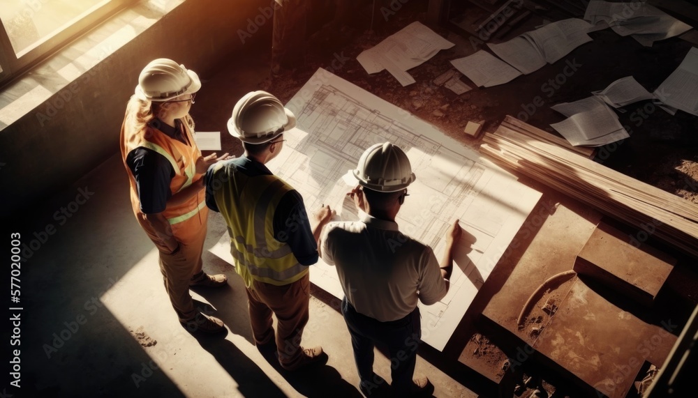 Poster three people in hard hats looking at a blueprint on a table in a building blueprint a digital render