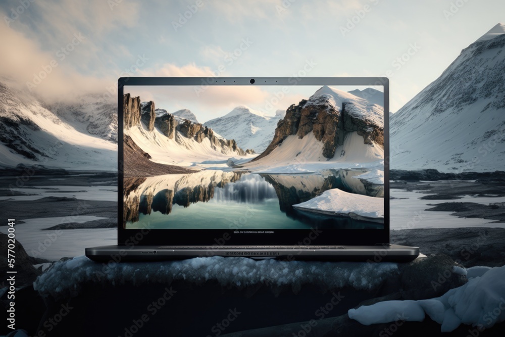 Poster a laptop computer sitting on top of a rock covered mountain range with a lake in the middle canon eo