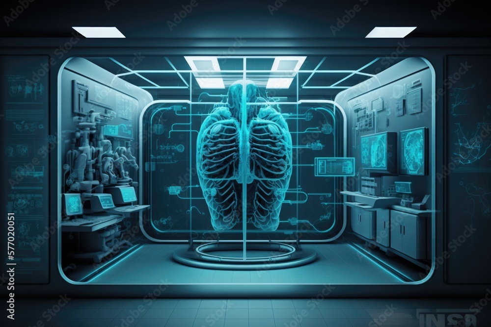 Poster a futuristic room with a large human body in the center of it and a lot of computers on the walls bi