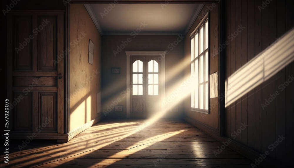Poster a hallway with a door and a window with the sun shining through it and a light coming through the wi