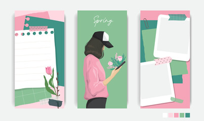 Design for social media. Set of spring stories templates. Mockup for personal blog. Scrapbook composition with notes paper, tapes, flowers elements and photo frame.