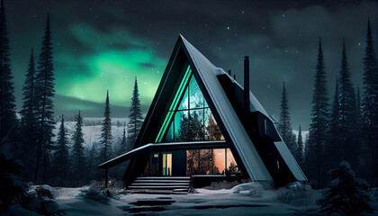 Cute triangle houses on a background aurora borealis.