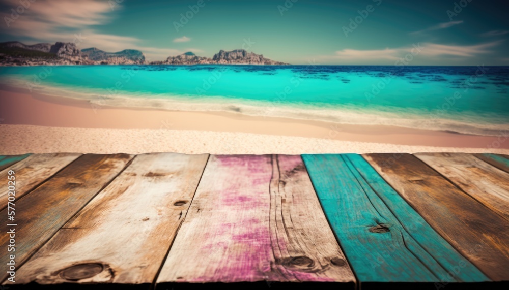 Poster a wooden table with a view of the ocean and beach in the background with a blue sky saturated colors