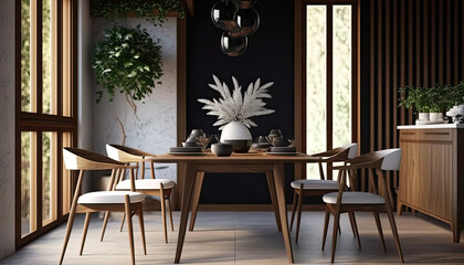 Modern scandinavian dining room with wooden furniture created using generative AI tools