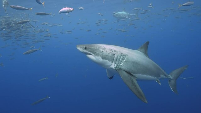 Amazing Slow motion shot of a great white shark,Carcharodon carcharias trying to catch a tuna bait in clear water of Guadalupe Island, Mexico