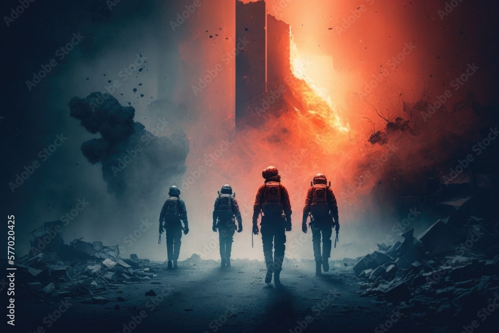 Poster a group of people walking through a dark area with a large building in the background sci fi poster 