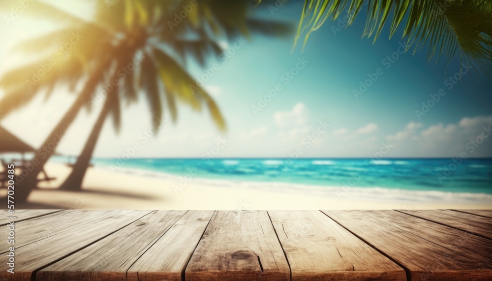 Poster a wooden table with a view of the beach and palm trees in the background with a blurred image of the