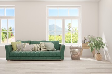 White living room with sofa and summer landscape in window. Scandinavian interior design. 3D illustration