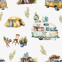  Seamless watercolor camping pattern, with a travel trailer on a light background, for printing on fabric, for scrapbooking