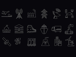 essential critical infrastructure outline icons stock illustration.infrastructure and city elements icon set linear design