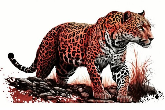 Isolated on a white backdrop is a realistic drawing of a jaguar (Panthera onca) from an encyclopedia entry on Central and South American wildlife. Generative AI