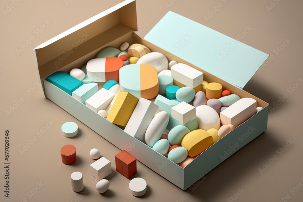 Poster a box of pills with a variety of pills in it and a few pills scattered around 3 d render a 3d render
