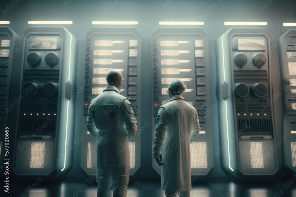 Poster two men in white lab coats standing in front of a server in a data center redshift render an ambient