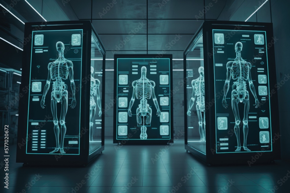 Poster A display case with a skeleton in it in a room with a wall of glass biopunk computer graphics neoplasticism