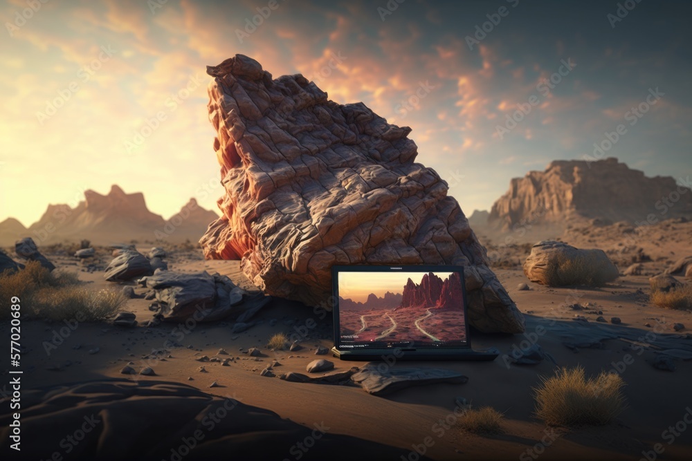Poster a laptop computer sitting on top of a desert covered in rocks and dirt with a mountain in the backgr