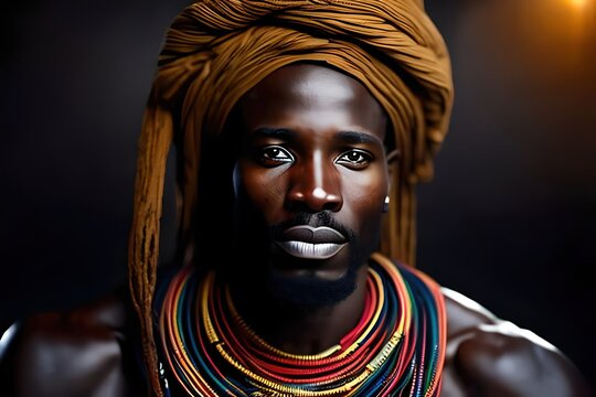 Portrait, african man of a tribe. Warrior, Tribal. Looking camera. Generative AI