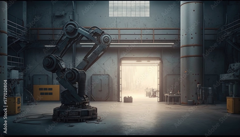 Poster a large machine in a large industrial building with a light coming through the door and a man standi