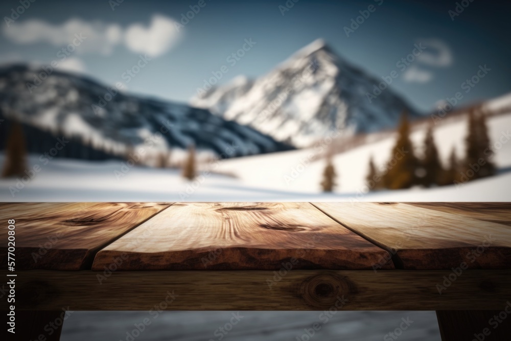 Poster a wooden table with a mountain in the background with snow on the ground and a sky background deep d