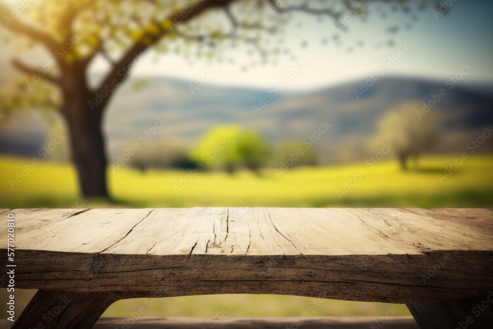 Poster a wooden table with a blurry background of a field and a tree in the distance deep depth of field a 