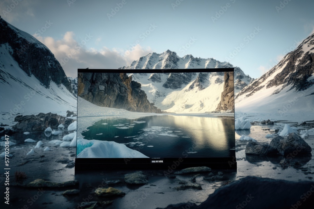 Poster a computer screen with a mountain in the background and a lake in the foreground uhd 8 k a computer 