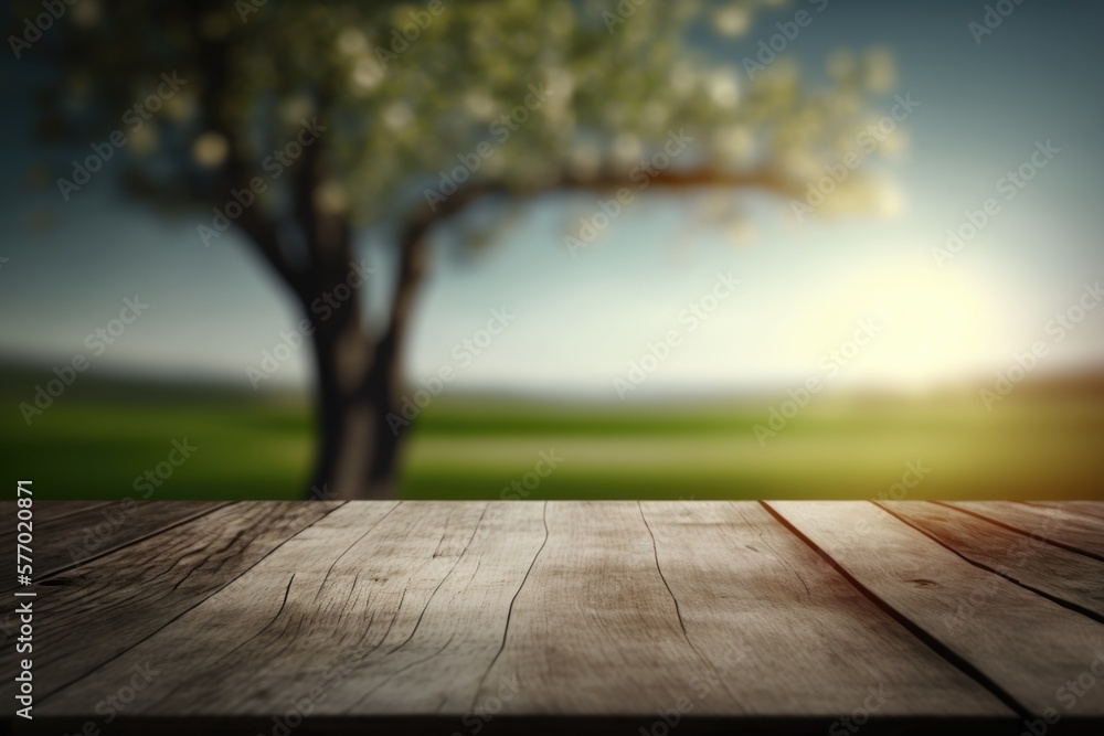Aufkleber a wooden table with a blurry background of a tree in the background and a field 8 k render a 3d rend