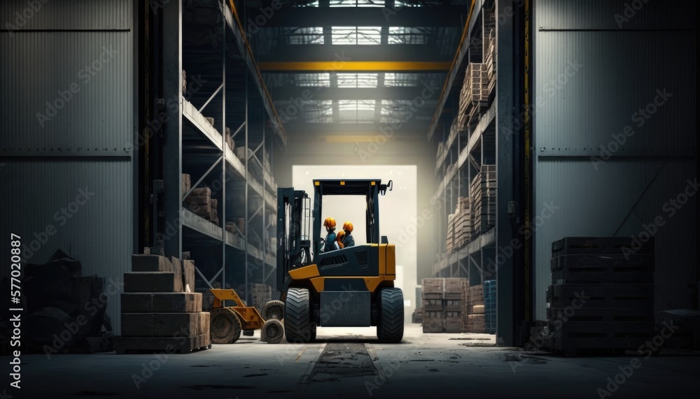 Aufkleber a forklift in a warehouse with a fork in the middle of it's back diffuse lighting a tilt shift photo