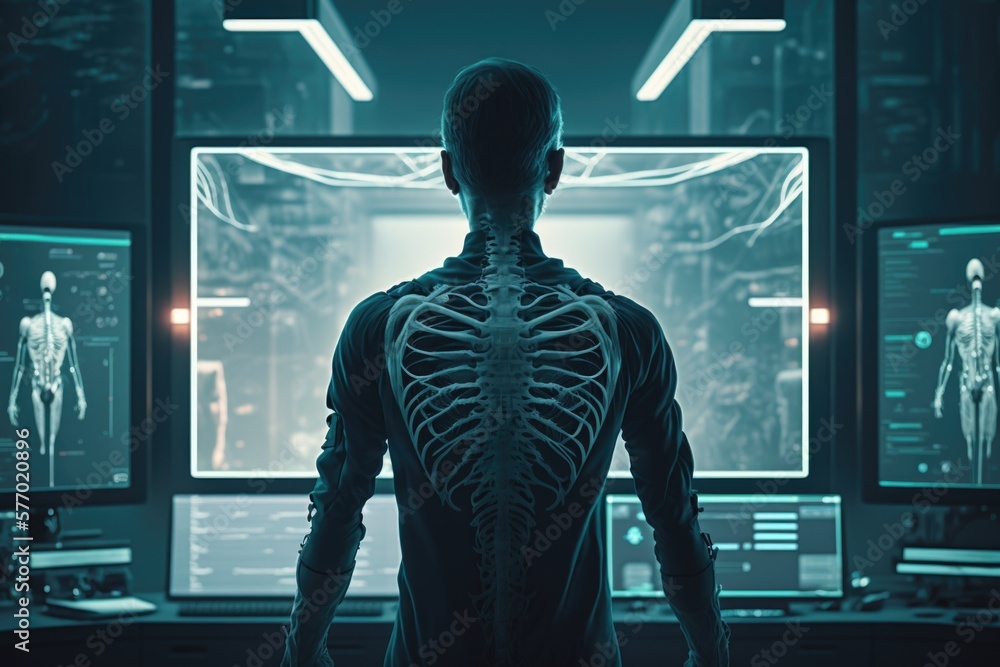 Poster a man standing in front of a computer screen with a skeleton on it's back biomechanical computer gra