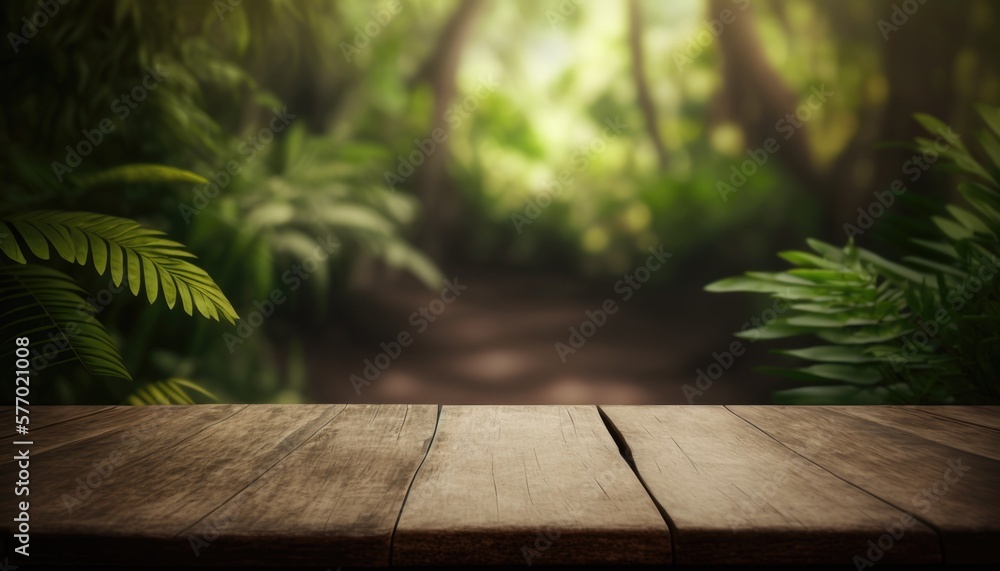 Poster a wooden table with a blurry background of a forest scene with a path in the woods rendered in unrea