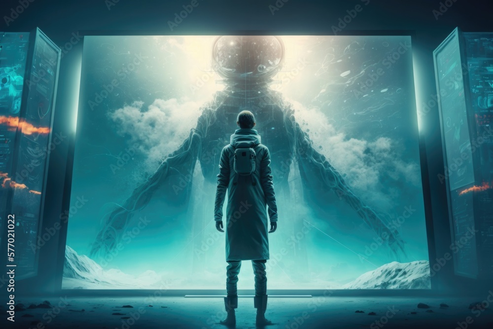 Poster a man standing in front of a doorway with a giant robot in the background and a man in the doorway l