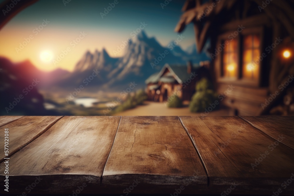 Aufkleber a wooden table with a view of a mountain range and a cabin in the background 8 k render a matte pain