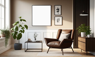 Blank white picture/art frame in a light and modern living room. Mock up template for Design or product placement created using generative AI tools