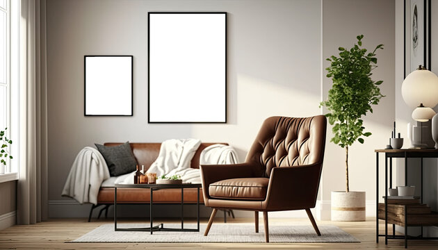 Blank white picture/art frame in a light and modern living room. Mock up template for Design or product placement created using generative AI tools