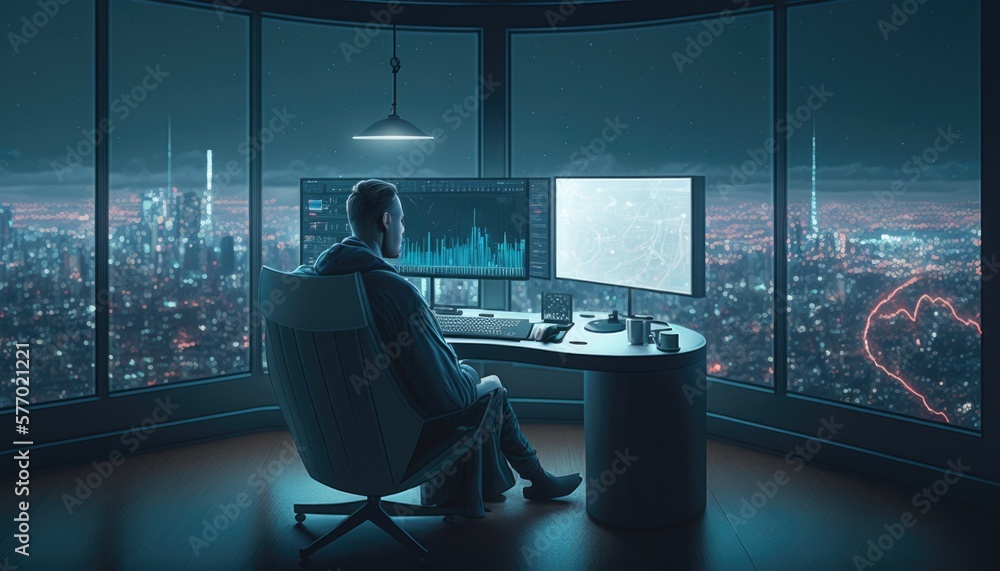 Poster a man sitting in a chair in front of a computer monitor in a room with a city view redshift render a